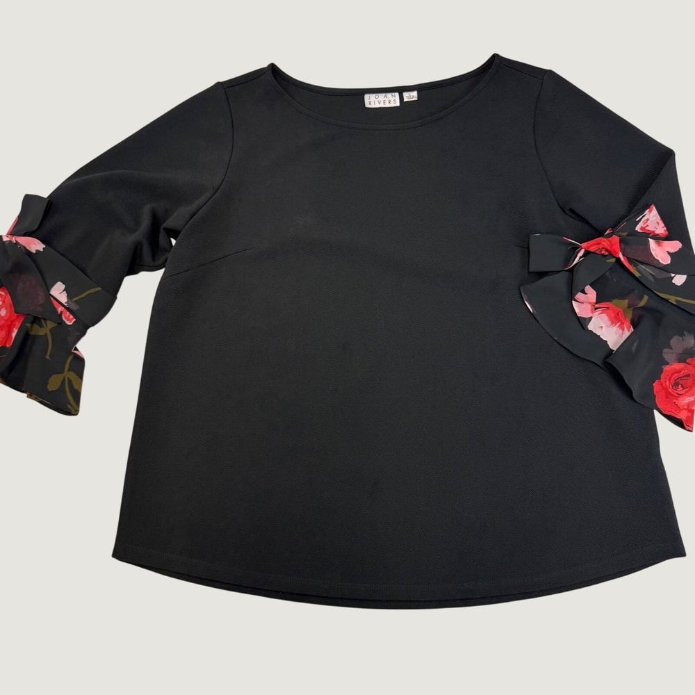 Joan Rivers Black Floral Bow Sleeve Top Blouse Career Office Elegant Large